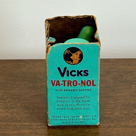 VINTAGE VICKS VA-TRO-NOL NASAL MEDICATION WITH EYE DROPPER AND BOX - Picture 2 of 9